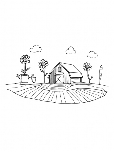 Patchwork Farm with a Whimsical Barn and Rainbow Watering Can