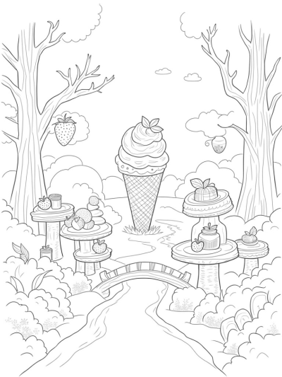 Fruit Garden with Strawberry Trees and Ice Cream Cone