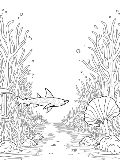 Vibrant Underwater Garden with a Stylized Shark
