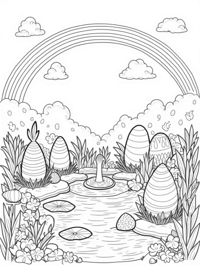 Pastel Eggs and Quilted Bunnies in a Garden