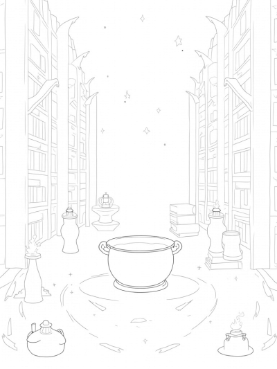 Mystical Library with Floating Quills and Potion Bottles