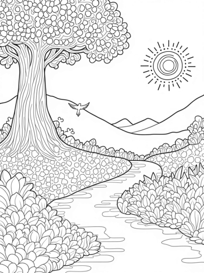 Garden of Life with Tree, Doves, and Flowing River