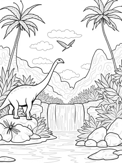 Prehistoric Jungle with Brontosaurus and Pterodactyls