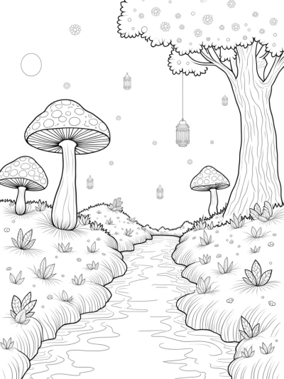 Oversized Mushrooms and a Gentle Stream in a Forest Clearing