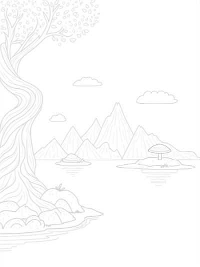 Tranquil Lake with Geometric Mountains and Twisted Tree