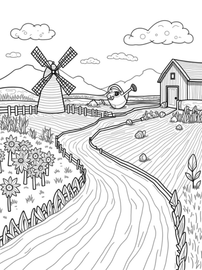Patchwork Farm Field with Windmill and Watering Can