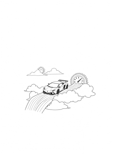 Lamborghini on a Cloudy Road with Gear-Shaped Clouds