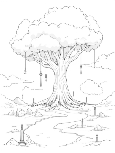 Colossal Tree with Ancient Swords and Giant Clouds