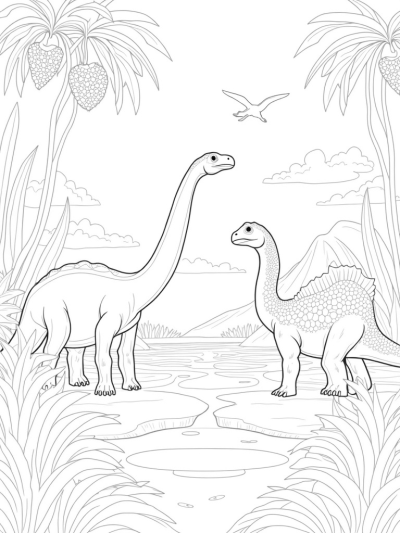 Brontosaurus and Stegosaurus in a Prehistoric Jungle