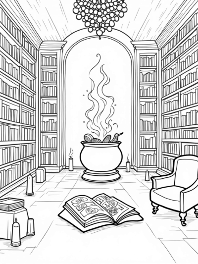Enchanted Library with Floating Cauldron and Magical Creatures