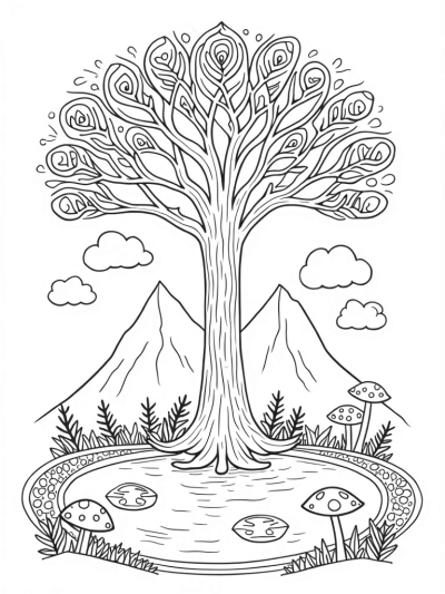 Majestic Tree with Mandala Branches and Reflective Pond