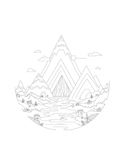 Vibrant Geometric Landscape with Triangles and Playful Animals