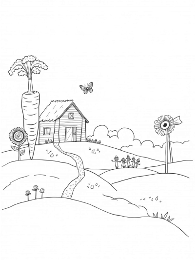 Giant Carrot and Sunflower Farm Scene