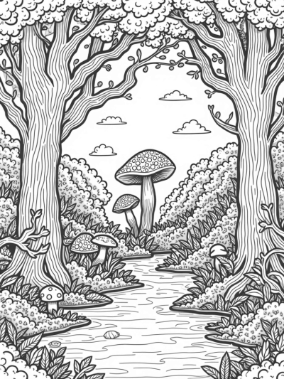 Enchanted Forest with Towering Trees and Colorful Mushrooms
