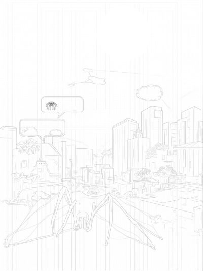 Twilight City Skyline with Spider Webs and Oversized Flowers