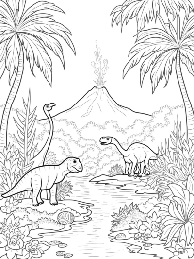 Prehistoric Jungle with Dinosaurs and a Volcano