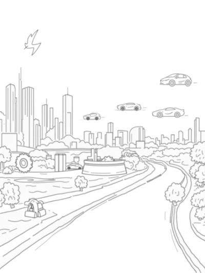 Futuristic Cityscape with Soaring Lamborghinis