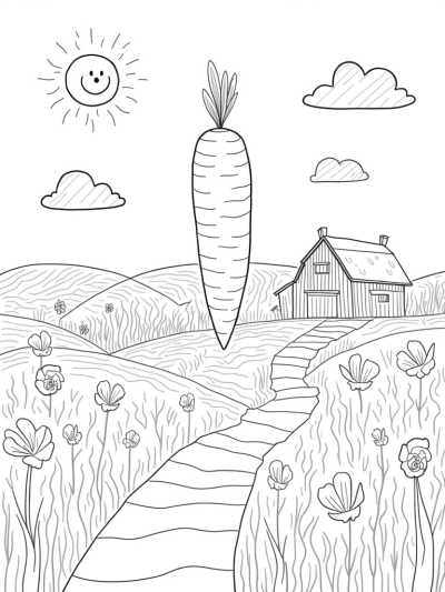 Giant Spiraled Carrot and Cheesy Barn in a Colorful Farm Scene