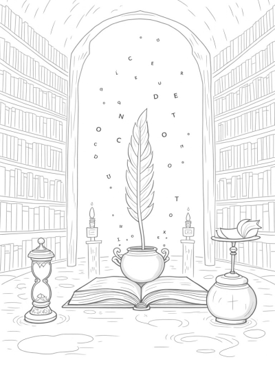 Enchanted Library with Floating Runes and Candles