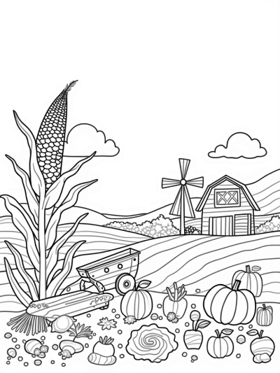Giant Corn Stalk and Colorful Vegetables on the Farm