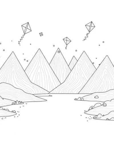 Triangular Mountain Landscape with Kites and Lake