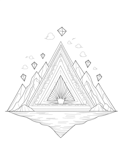 Triangular Mountain Landscape with Kites and Sunburst