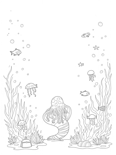 Underwater Garden with Giant Octopus and Colorful Jellyfish