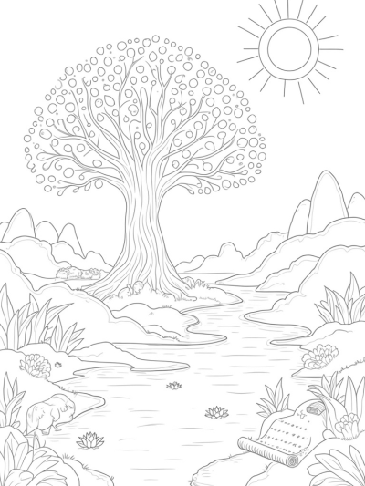 Serene Garden with Tree of Life and Animals