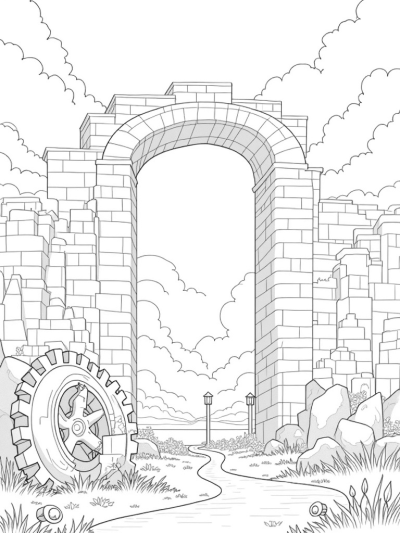 Giant City Gate with Overgrown Gear and Titan Fragments