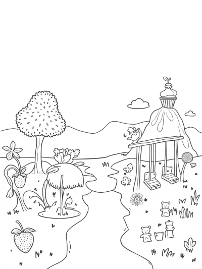 Fruit Garden with Giant Apple Fountain and Cupcake Mountain