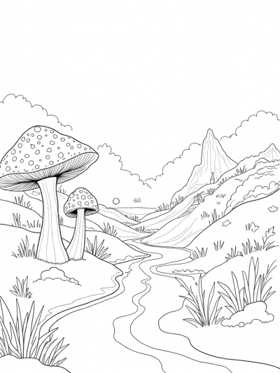 Dreamy Hillside with Oversized Mushrooms and a Starry River