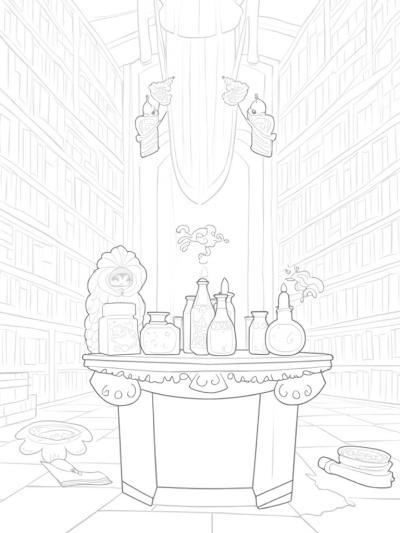 Magical Library with Enchanted Potions and Owls