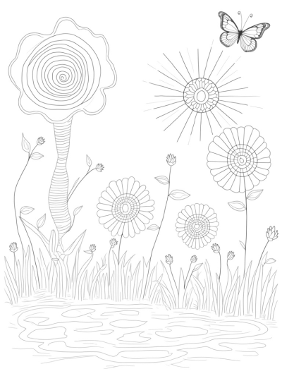 Geometric Flower Garden with Butterfly