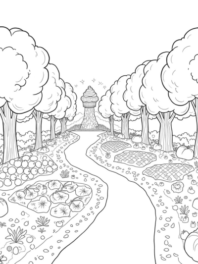 Fruit Orchard with Balloon Trees and Cupcake Mountain