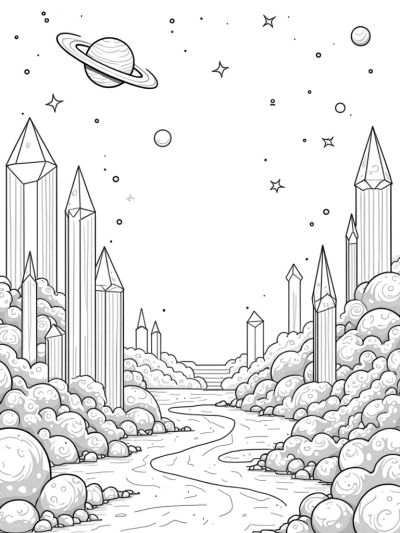 Cosmic Garden with Crystalline Trees and Shooting Stars