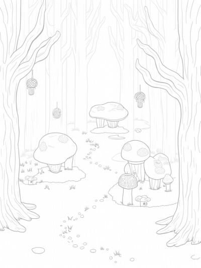 Whimsical Forest with Gruffalo Rock and Giant Mushrooms
