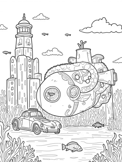 Underwater City with Colorful Submarines and a Giant Octopus