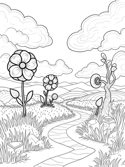 Enchanted Meadow with Towering Flowers and Winding River