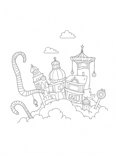 Holiday Village in the Clouds with Candy Canes and a Carousel