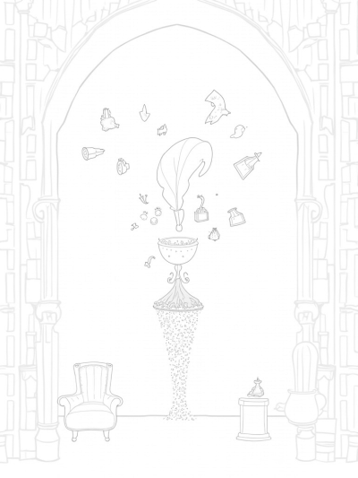 Magical Wizarding Library with Floating Quill and Enchanted Globe