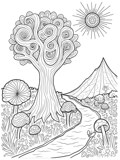 Musical Blossom Tree with Colorful Mushrooms