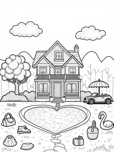 Dreamhouse Landscape with Dollhouse and Heart-Shaped Pool