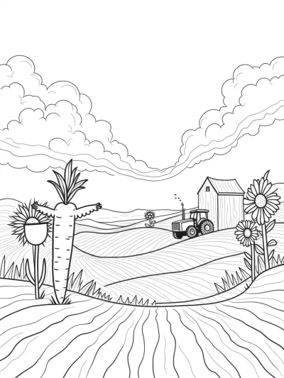 Giant Carrot and Scarecrow in Patchwork Farmland
