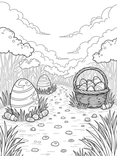 Enormous Decorated Eggs in a Whimsical Garden