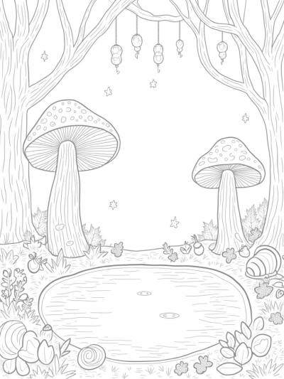 Enchanted Forest Glade with Giant Mushrooms and a Shimmering Pond
