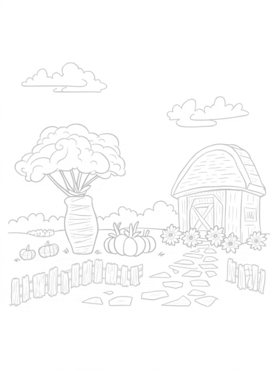 Giant Carrot and Mushroom Barn in a Whimsical Farm Landscape