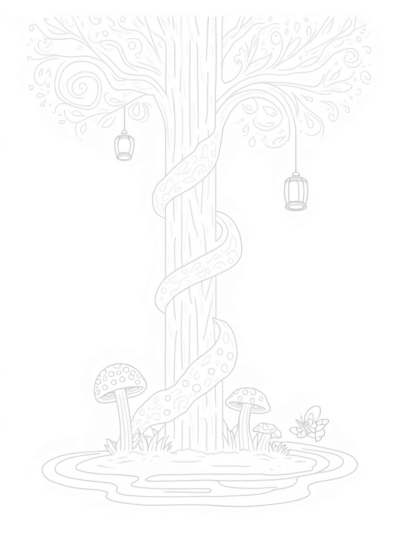 Majestic Tree with Glowing Lanterns and Whimsical Mushrooms