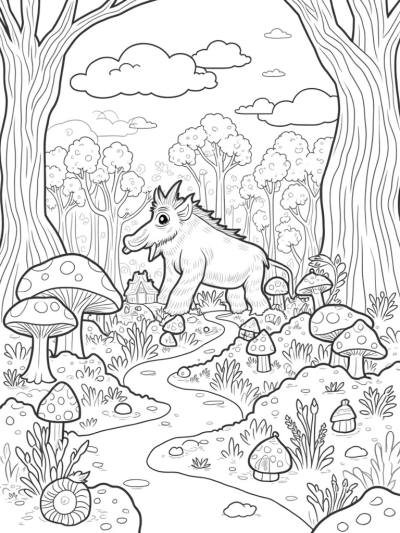 Gruffalo in a Whimsical Forest with Oversized Mushrooms