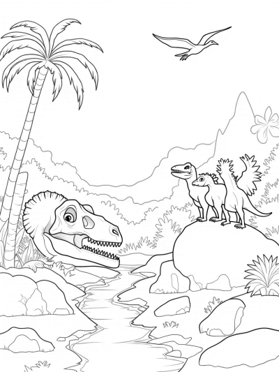 Prehistoric Jungle with Dinosaurs and a Colossal Skull