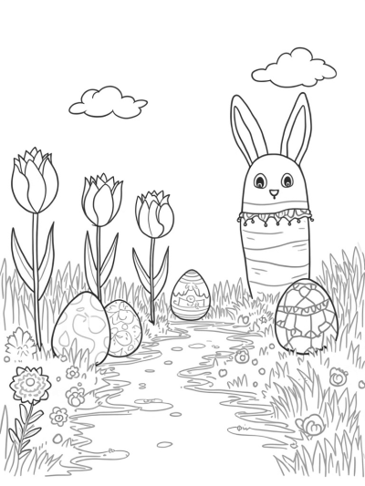 Oversized Eggs and a Carrot House in a Colorful Landscape